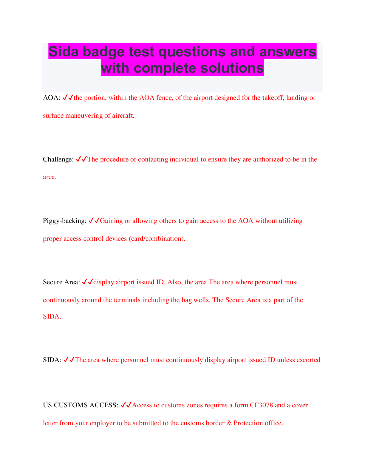 Preview of Sida badge test questions and answers with complete solutions